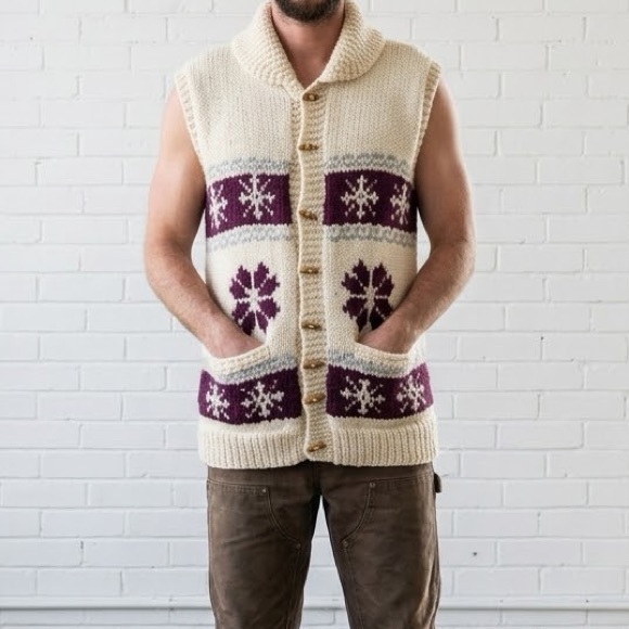 Vintage Other - Vintage Handmade Knit Cardigan Sweater Vest Shawl Collar Mens Large Cowichan 70s